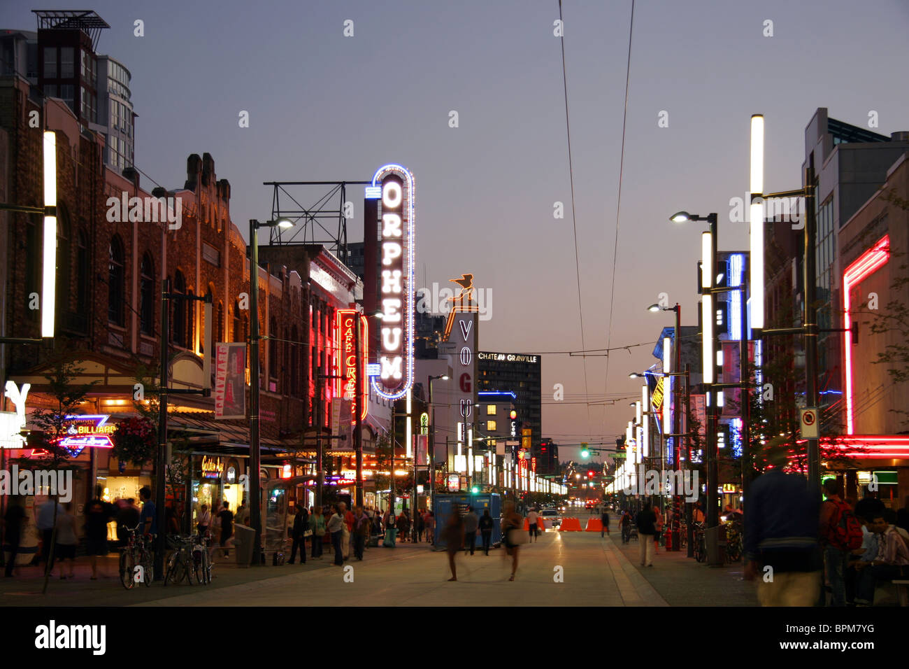 Neon lights of Granville Street, Vancouver, British Columbia, Canada Stock Photo