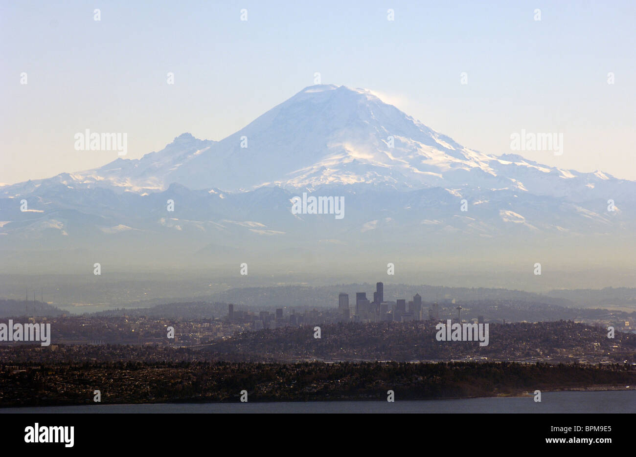 Seattle and Mount Rainier Aerial from North. Stock Photo