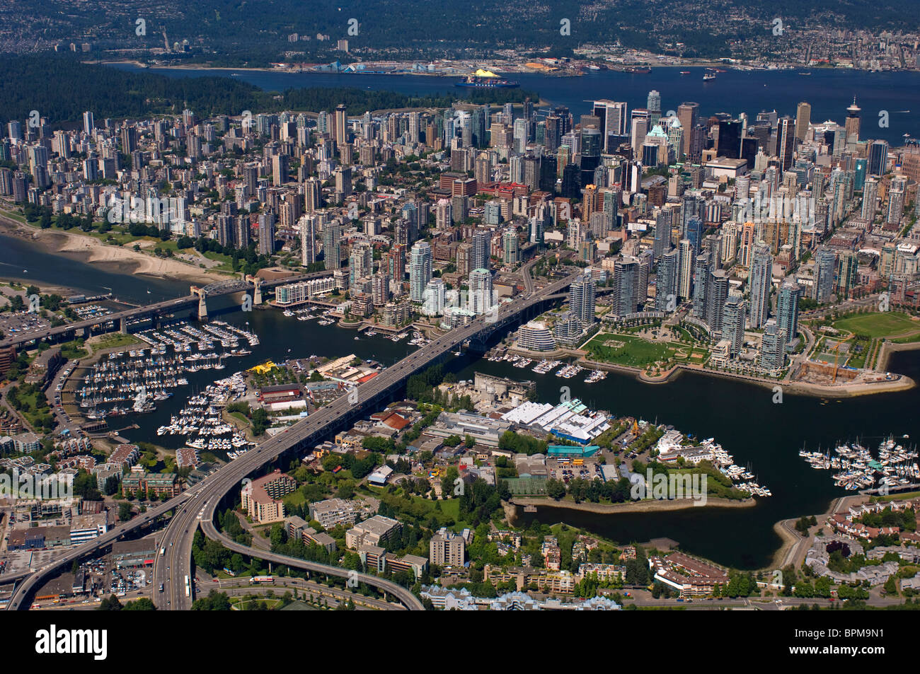 False Creek, Granville Bridge, Granville Island, First Beach, Vancouver Center, British Columbia Aerial Stock Photo