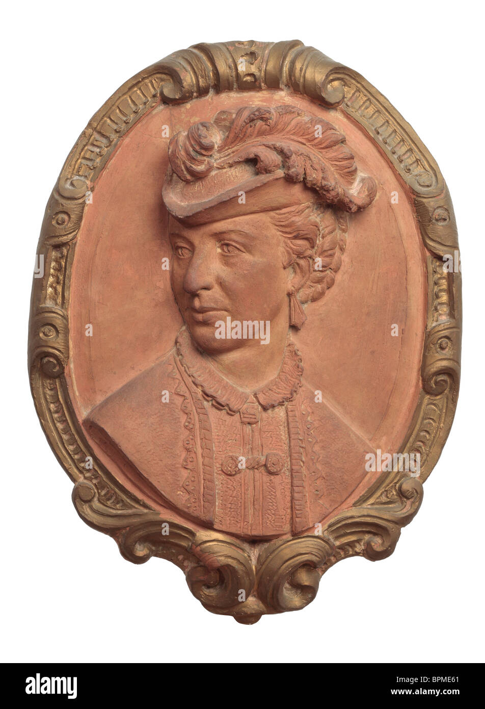 19th Century Terra Cotta Clay Cameo of a Woman's Head by the Sculptor Leo Stracké Stock Photo