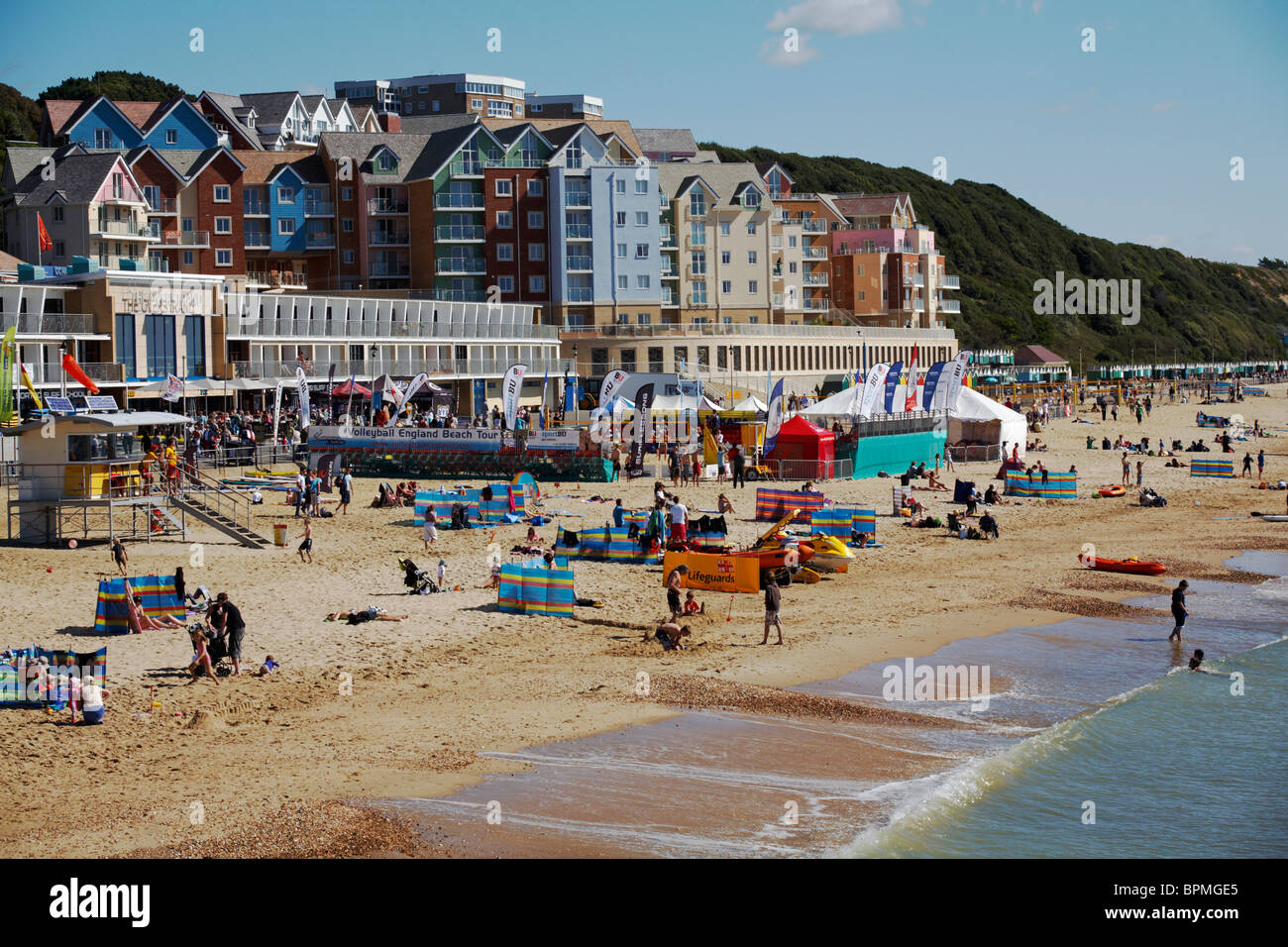 Good weather and Volleyball England Beach Tour draws the crowds on August Bank Holiday at Boscombe beach Stock Photo