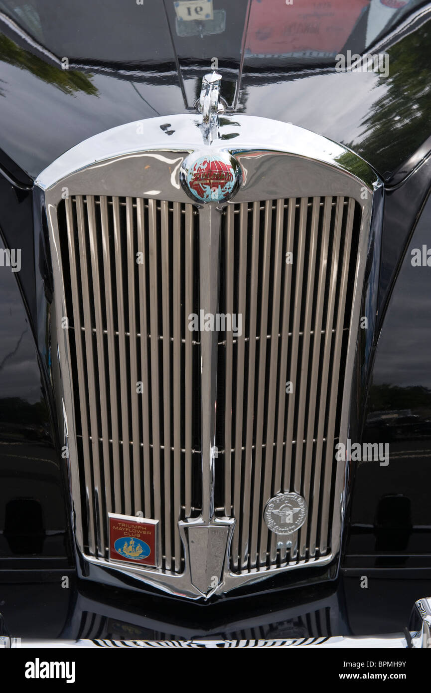 Radiator grill with badges of Triumph Mayflower restored classic motor