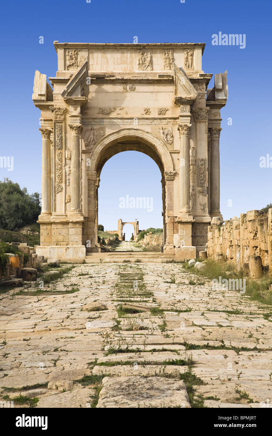 Arch of the roman Emperor Septimius Severus, Archaeological Site of Leptis Magna, Libya, Africa Stock Photo