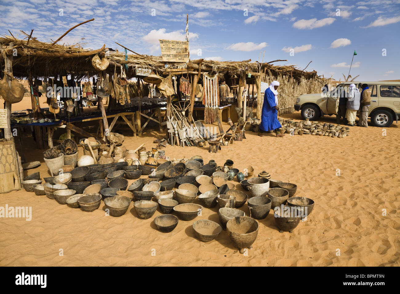 Souvenir shops at Mandara Lakes, oasis Um el Ma, libyan desert, Libya, Sahara, North Africa Stock Photo