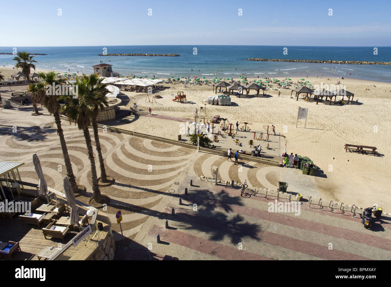 Panorama of Gordon Beach and the Tayelet seaside promenade, Tel Aviv, Israel, Middle East Stock Photo