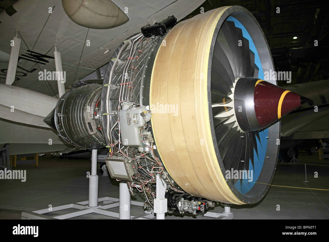 A Rolls Royce Trent turbo-fan jet engine on display in the AirSpace section at the Imperial War Museum Duxford Stock Photo
