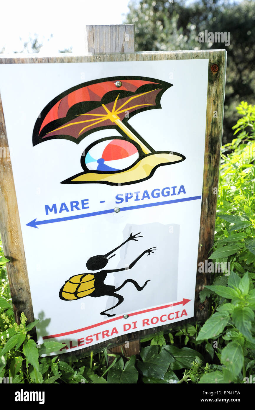 Sign post with pictogram of beach and climbing area, Liguria, Italy Stock Photo