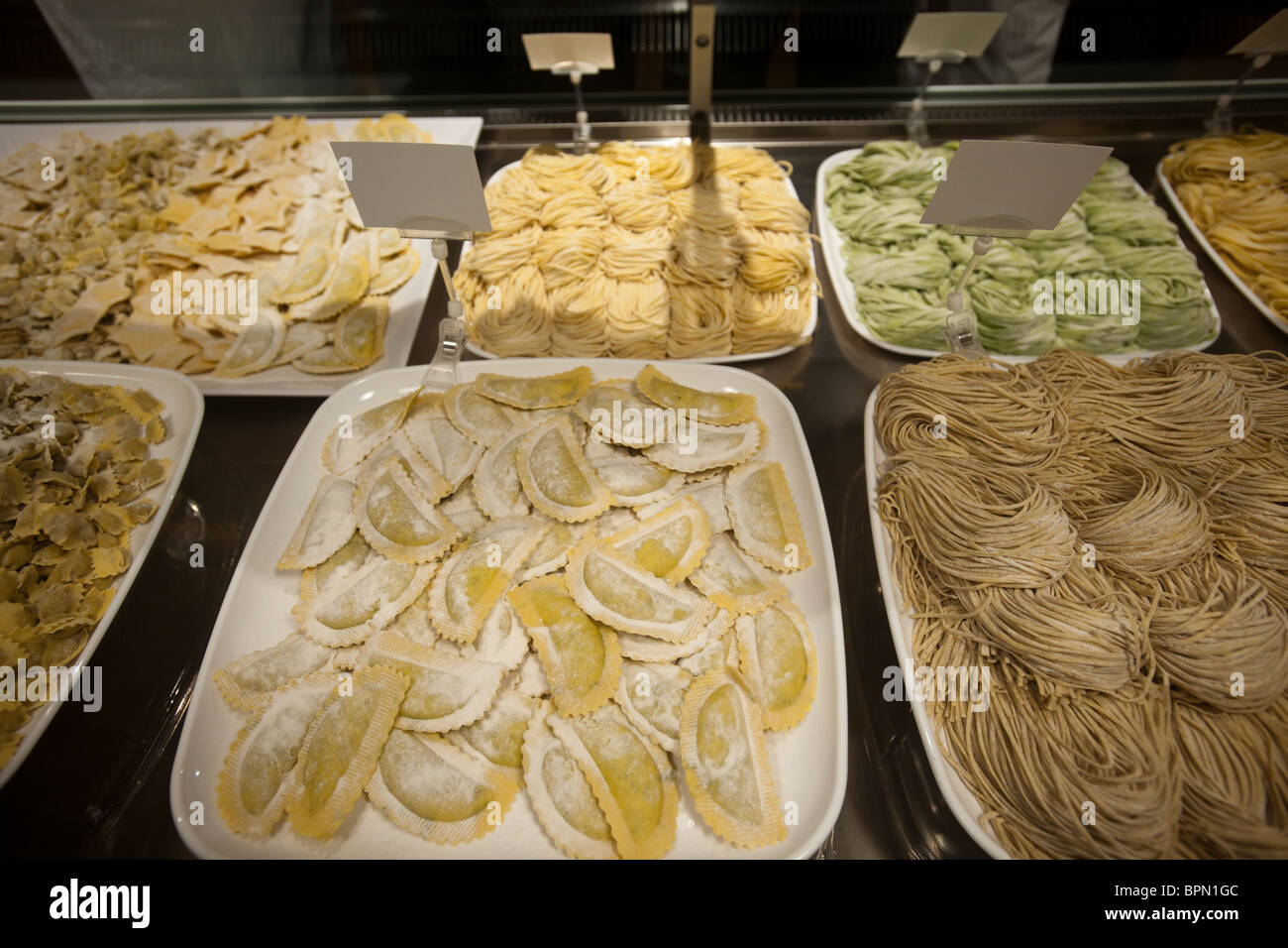 Varieties of fresh made pasta on display at Eataly artisanal Italian