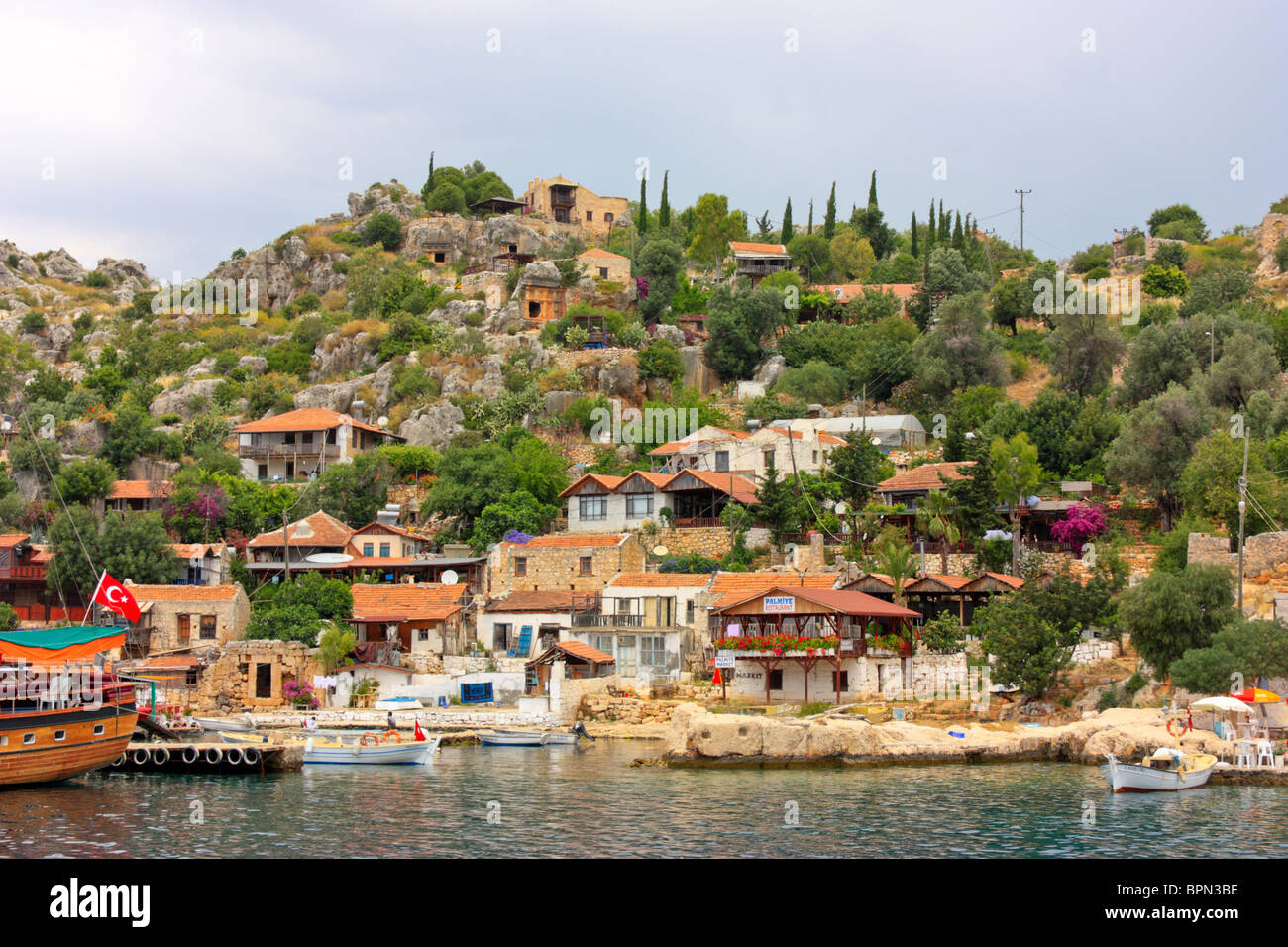 Simena, a tourist village with Marina in the Aegean, Turkey Stock Photo ...