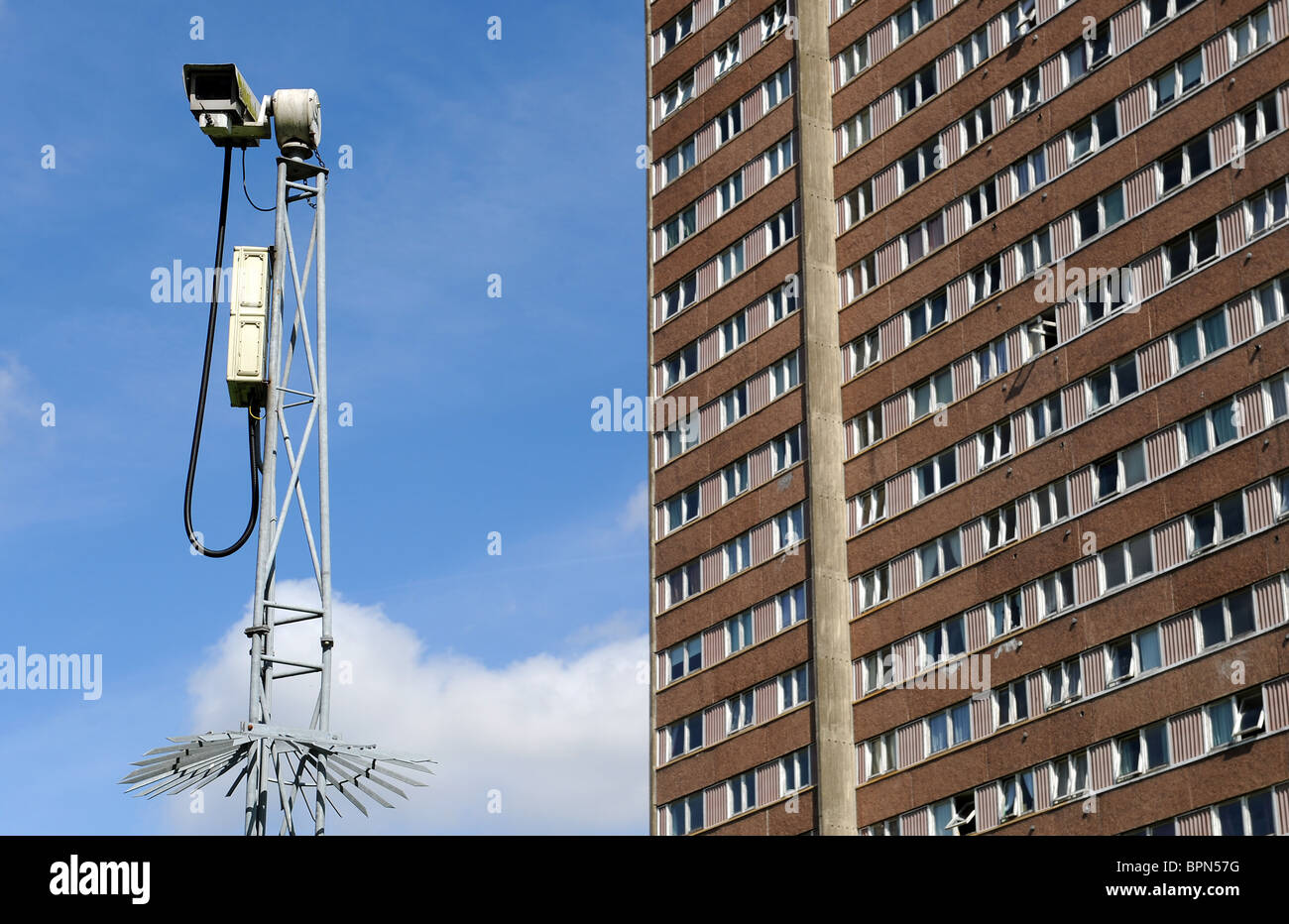 Security camera in operation outside high rise flats in Toryglen, Glasgow Stock Photo