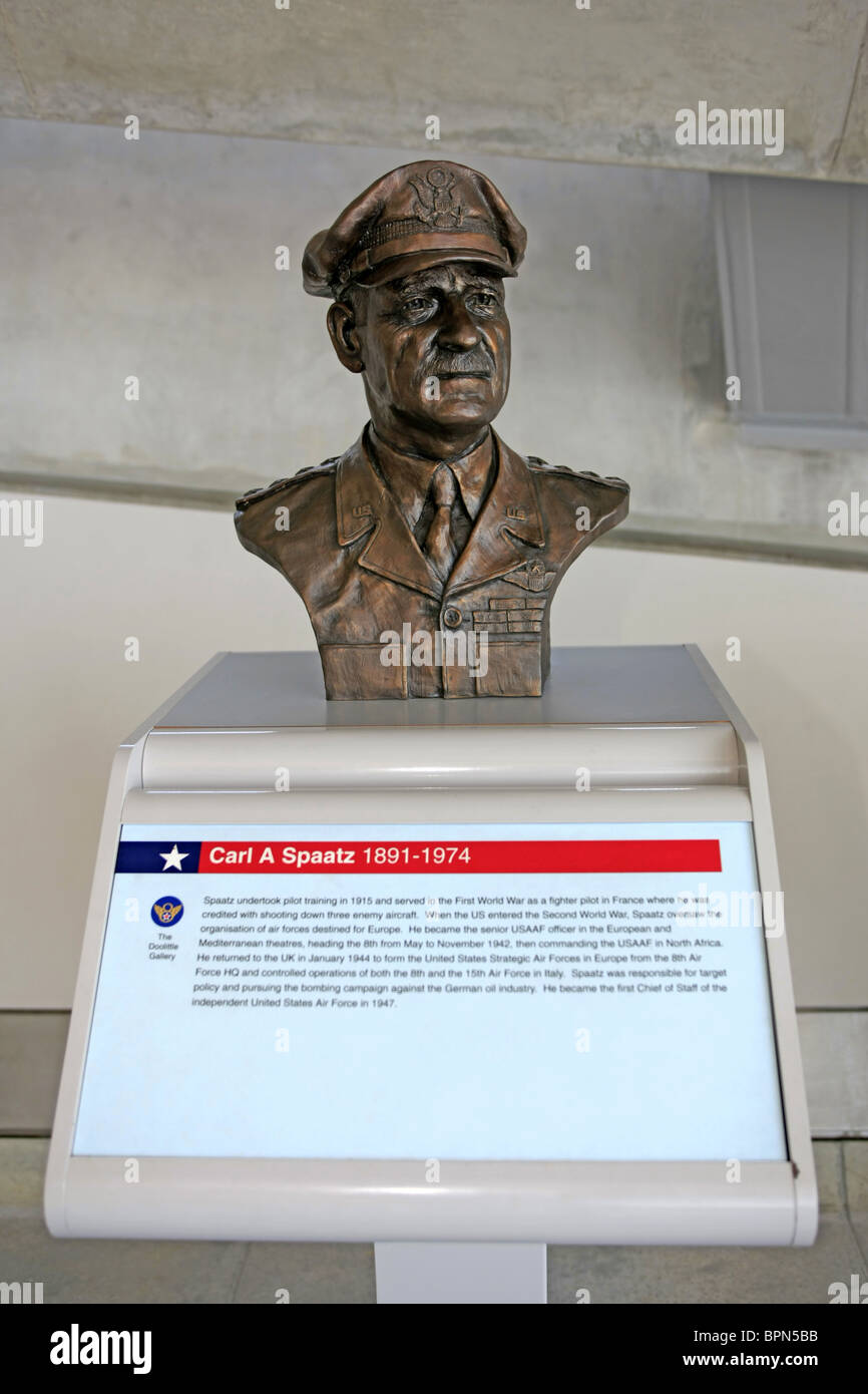 A bronze bust statue of Carl A Spaatz in the American Air Museum at IWM Duxford Stock Photo