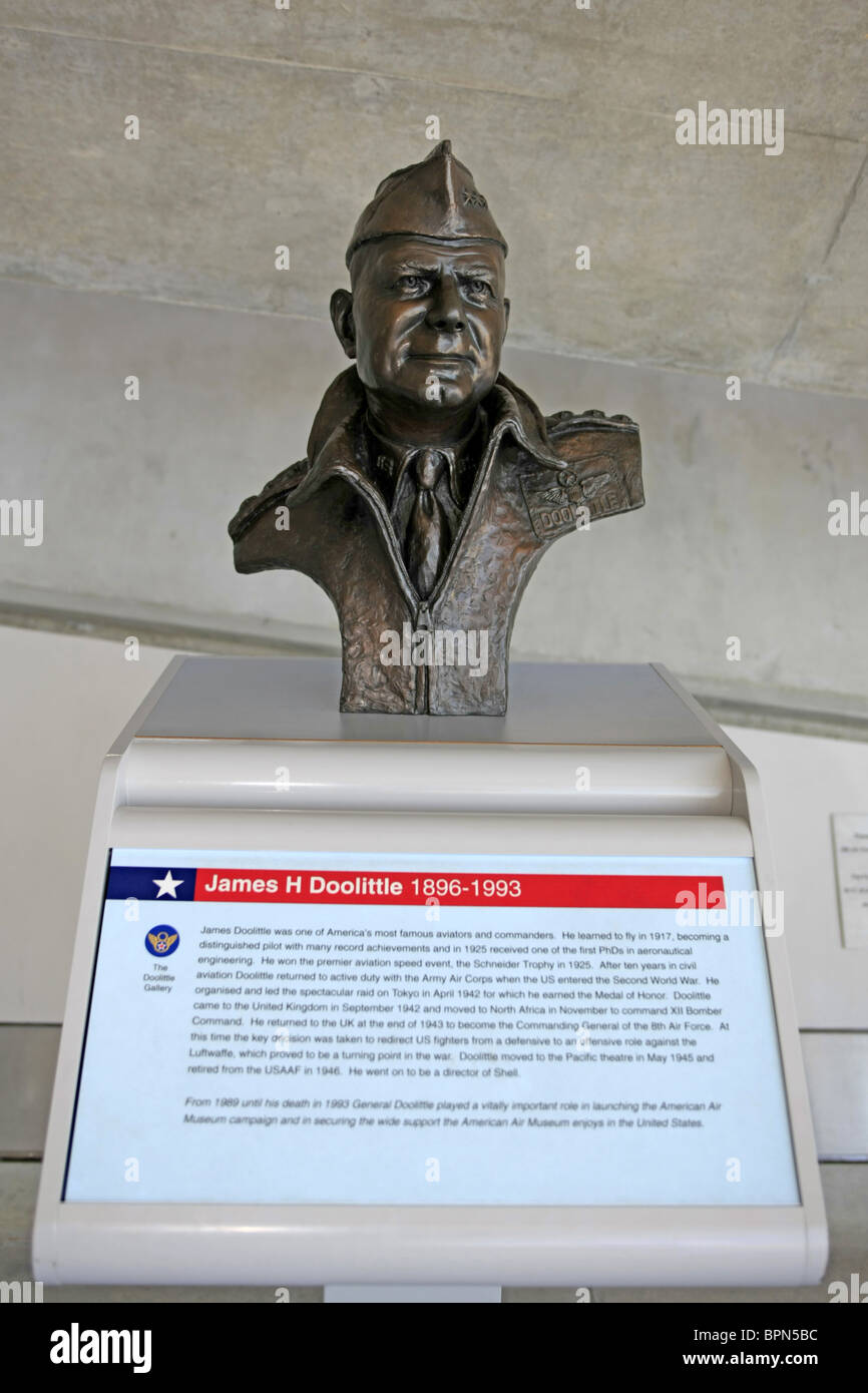 A bronze bust statue of James H Doolittle in the American Air Museum at IWM Duxford Stock Photo
