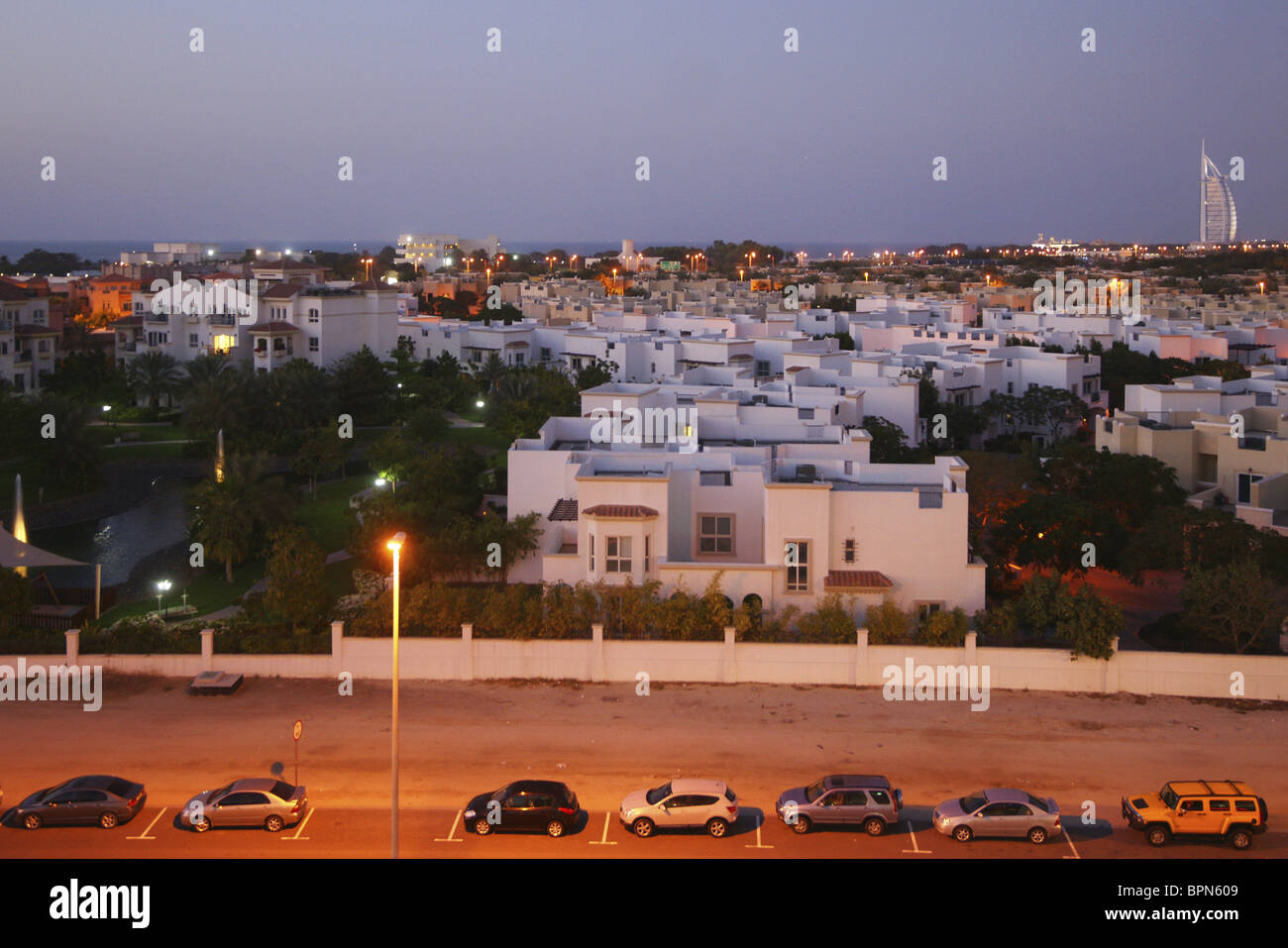 Residential Area In The Evening Burj Al Arab In The Background Dubai Uae United Arab Emirates Middle East Asia Stock Photo Alamy