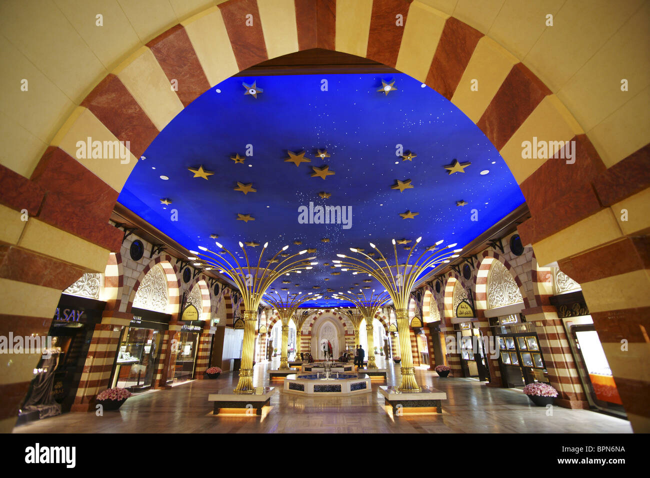 Illuminated shops inside Dubai Shopping Mall, Dubai, UAE, United Arab