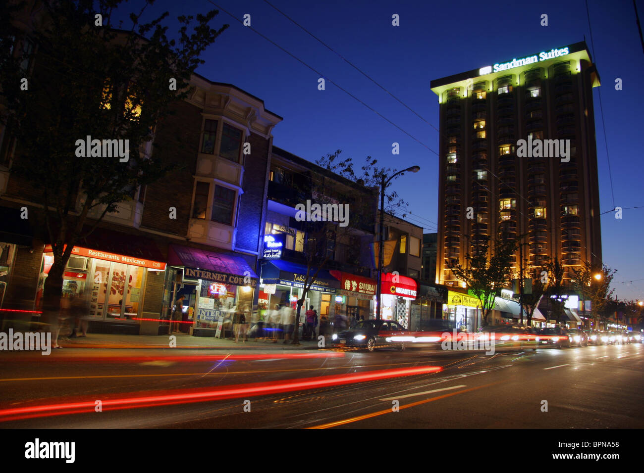 Davie Street at night, Vancouver, British Columbia, Canada Stock Photo