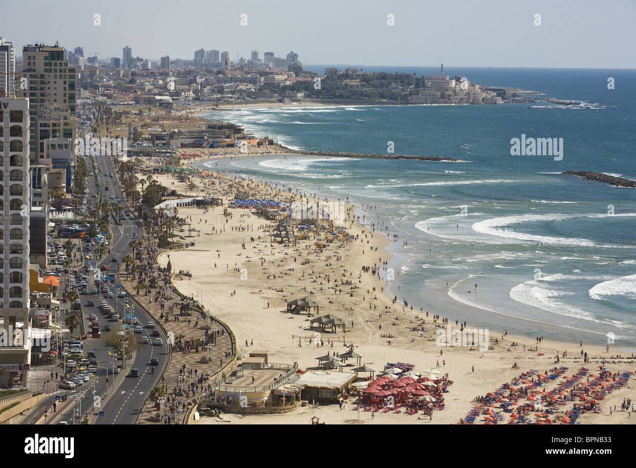 View at the Tayelet seaside promenade and the beaches, looking south to Jaffa, Tel Aviv, Israel, Middle East Stock Photo