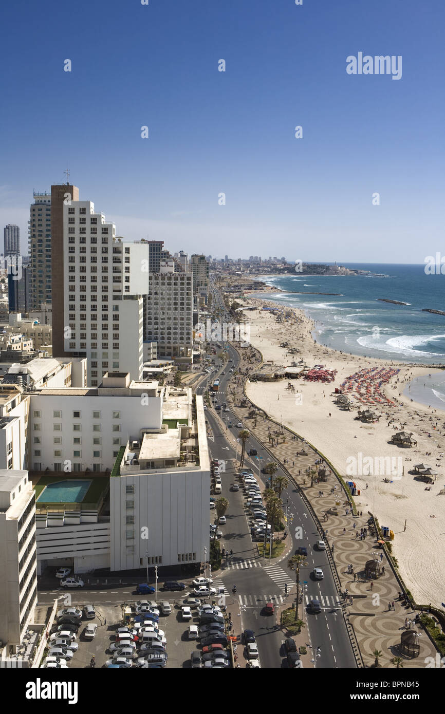 The Dan Hotel, the Tayelet seaside promenade and the beaches, looking south, Tel Aviv, Israel, Middle East Stock Photo