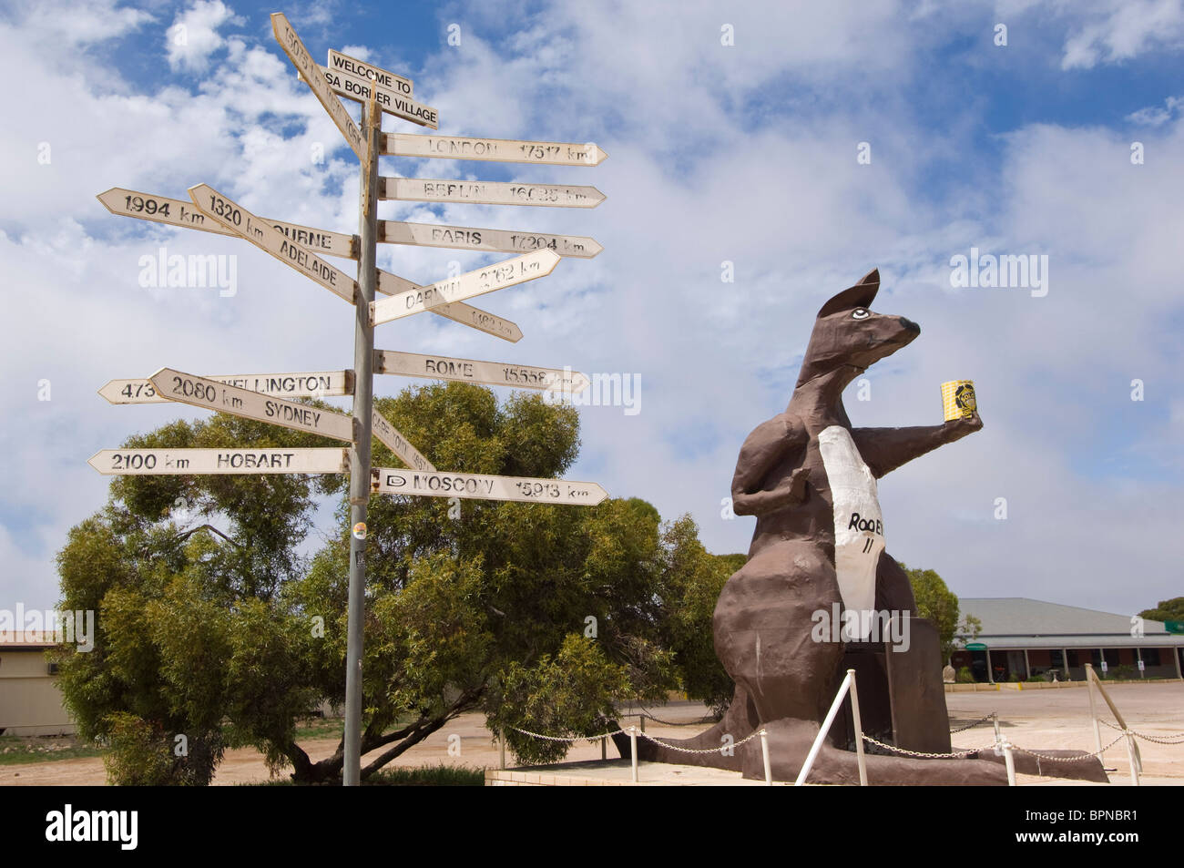 Kangaroo sculpture and signposts at Eucla on the Eyre Highway; Western Australia. Stock Photo