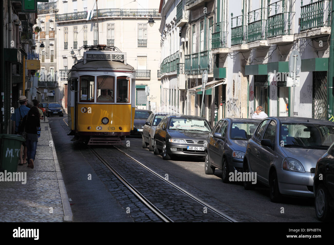 Vintage Tram in the street of Lisbon, Portugal. Stock Photo