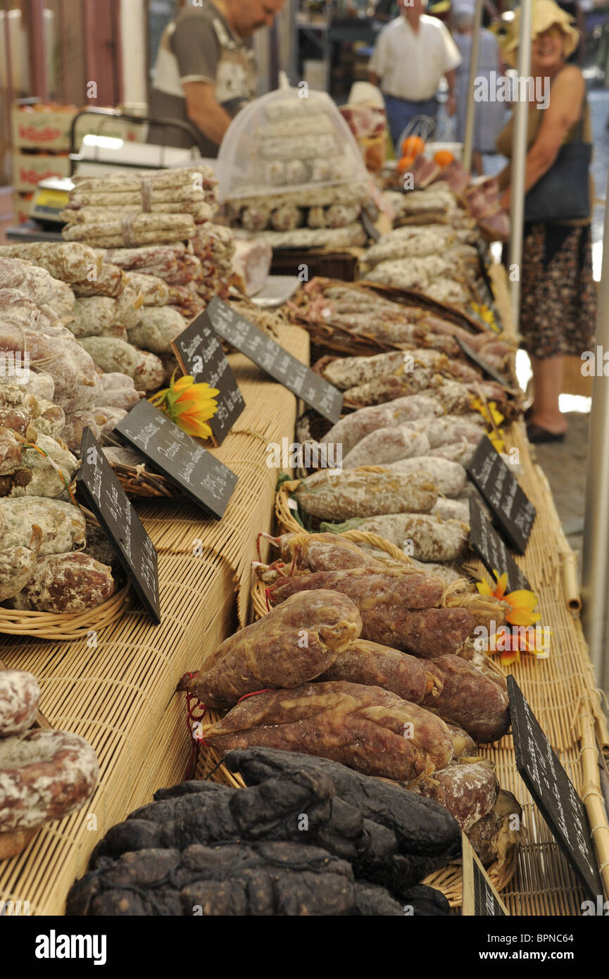 Sausages at the provencal market at BuislesBaronnies, Haute Provence