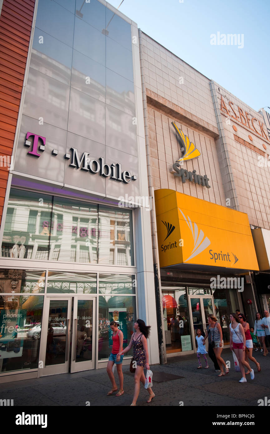 T-Mobile and Sprint cellular phone stores in Herald Square in New York Stock Photo