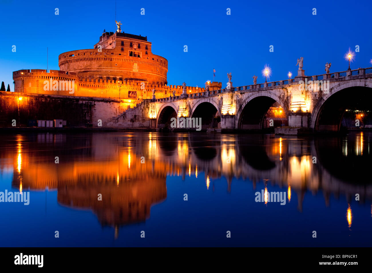 Castel and Ponte Sant Angelo on the River Tiber at twilight, Rome Lazio Italy Stock Photo