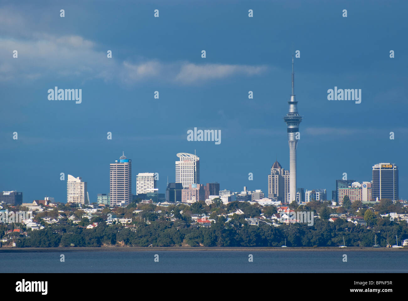 Auckland skyline, with the sky tower, seen from West Auckland. Stock Photo