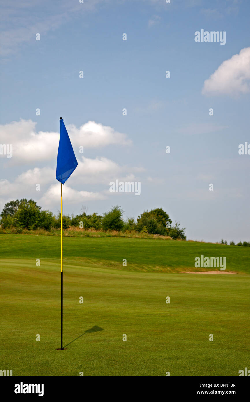 Golf green with hole, flagstick, bunker, blue sky, and a forest in the