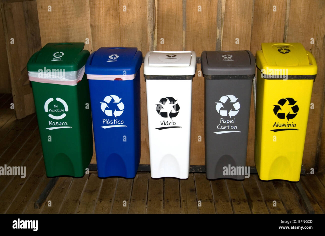 Recycle bins in the Veragua Rainforest Research and Adventure Park near Limon, Costa Rica. Stock Photo