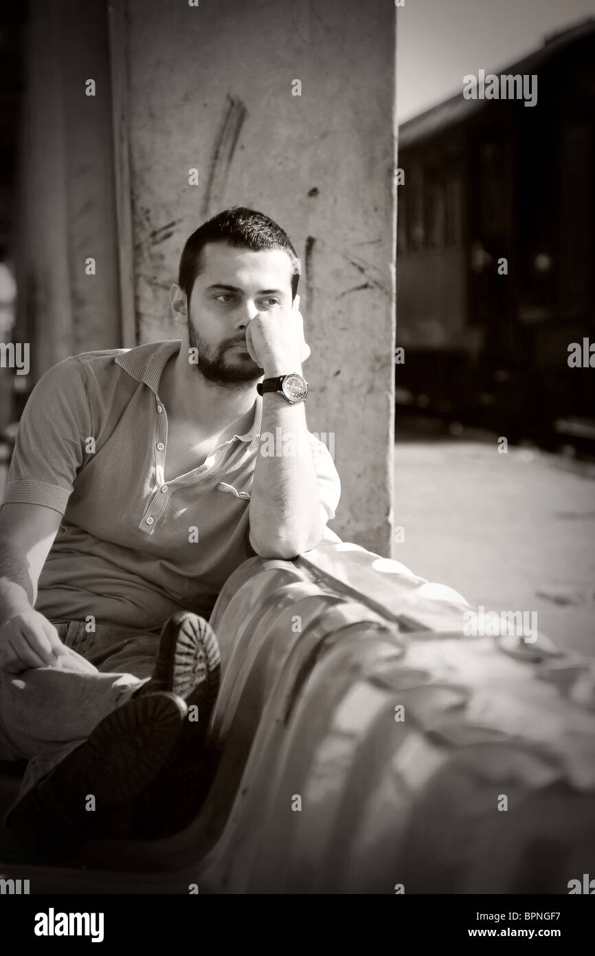 Retro/Vintage portrait of a young man outdoor. Stock Photo