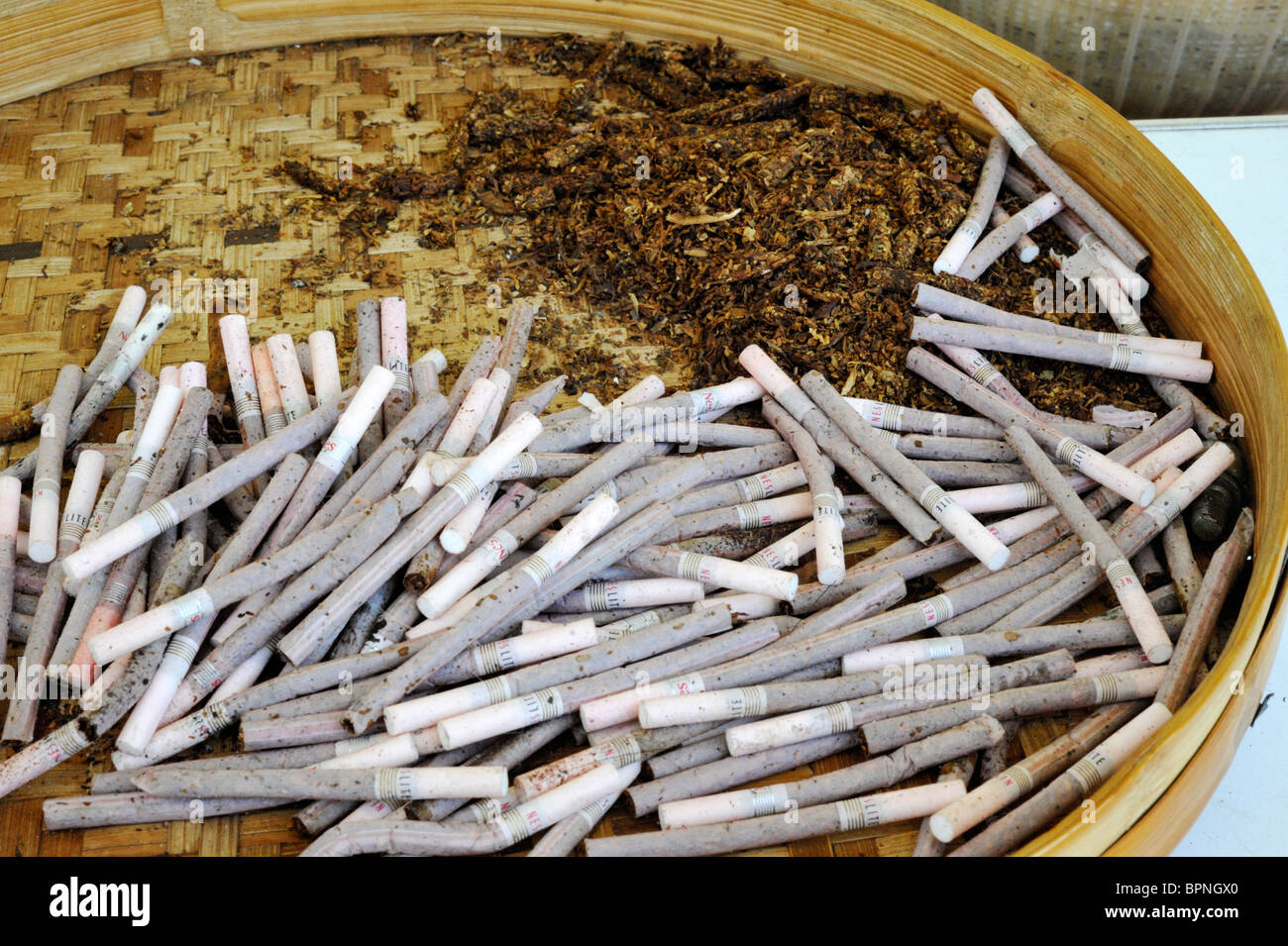 basket of reject cigarettes from factory to be recycled and resold Stock  Photo