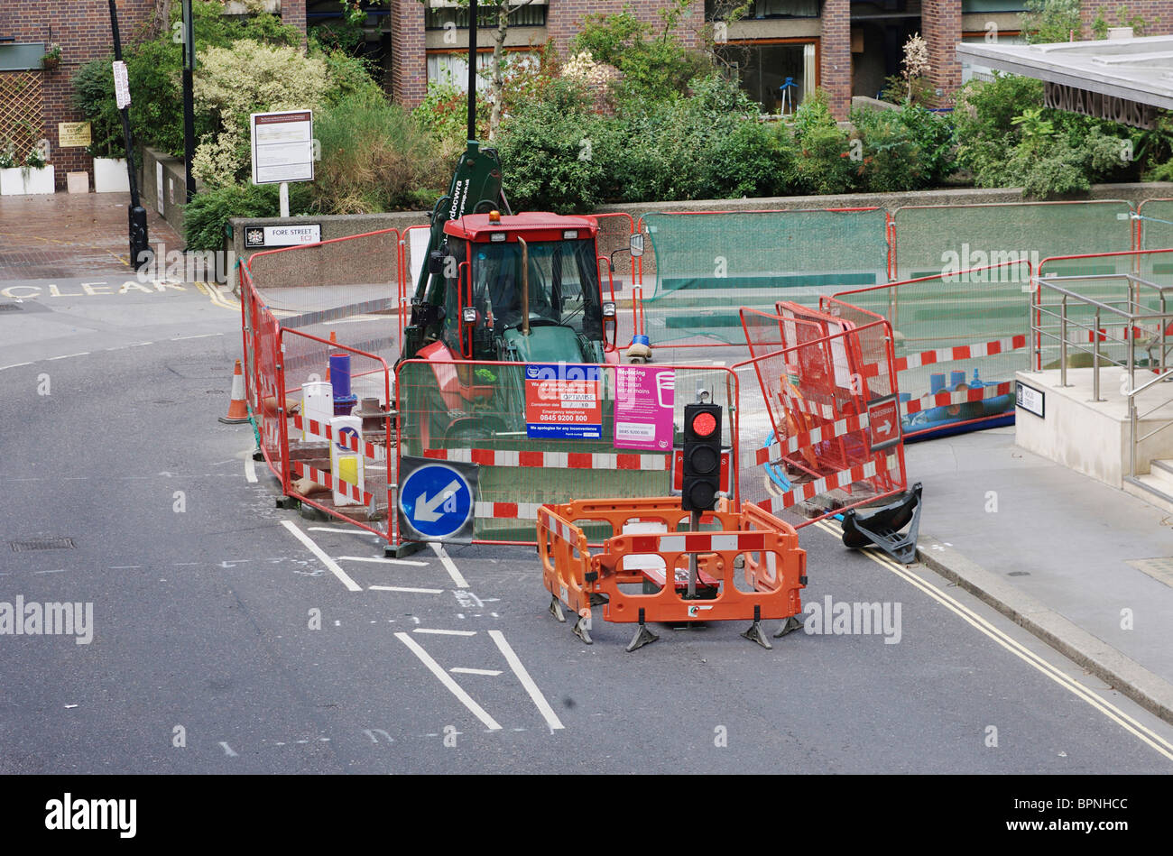 Roadworks and temporary traffic lights, London Stock Photo