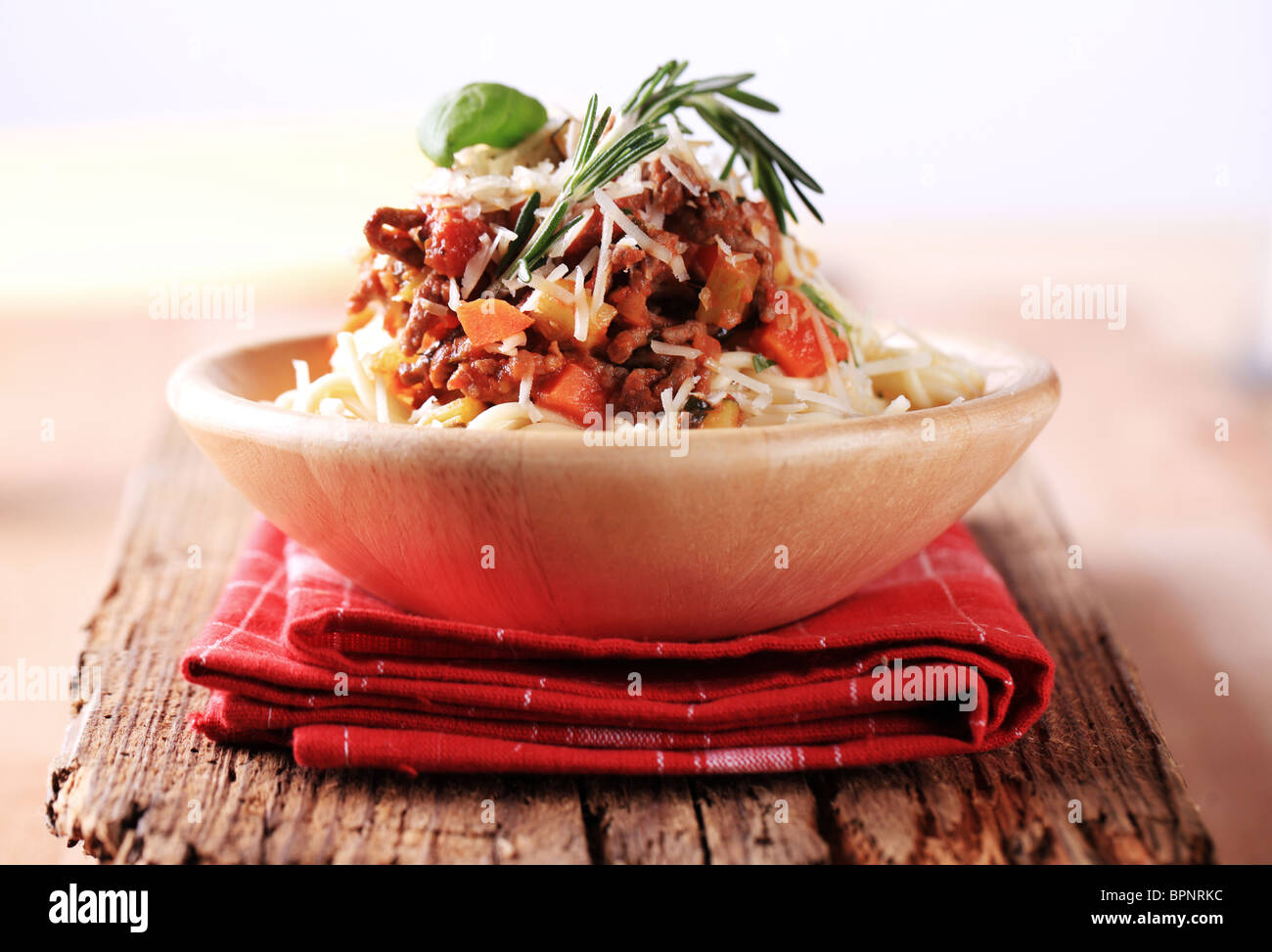 Spaghetti ala Bolognese sprinkled with Parmesan Stock Photo