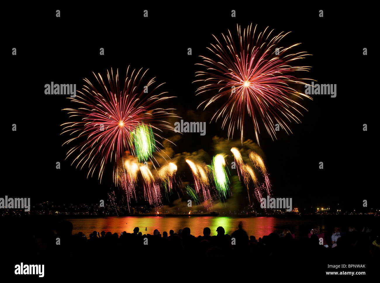 Beautiful fireworks above English Bay during the Celebration of Lights 2010, Mexico night, Vancouver, British Columbia, Canada Stock Photo