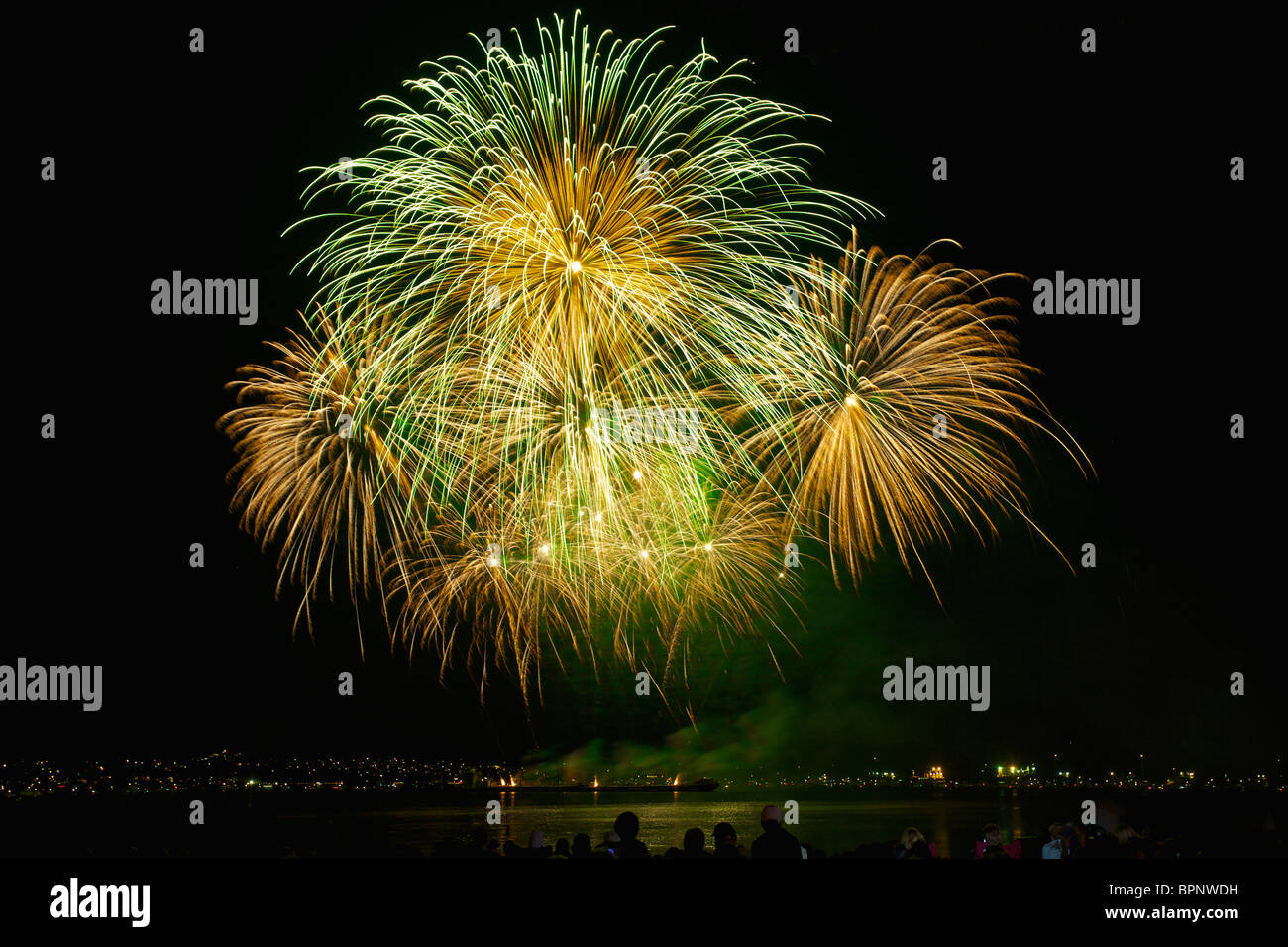 Beautiful fireworks above English Bay during the Celebration of Lights 2010, Mexico night, Vancouver, British Columbia, Canada Stock Photo