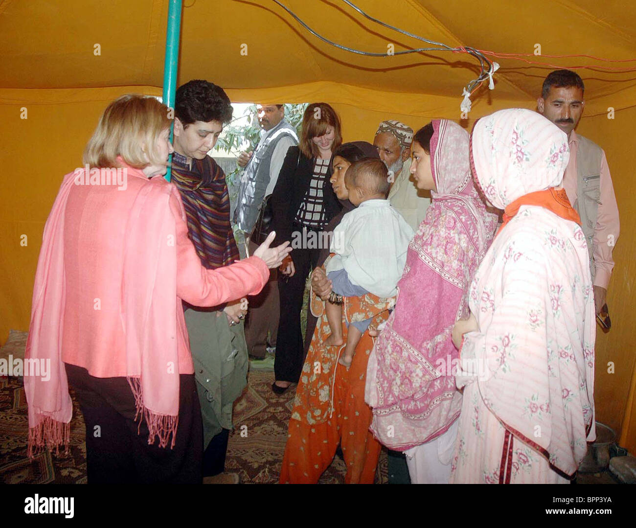 US Ambassador, Anne W.Partterson talks with doctor at medical camp during her visits at flood affectees relief camp Stock Photo