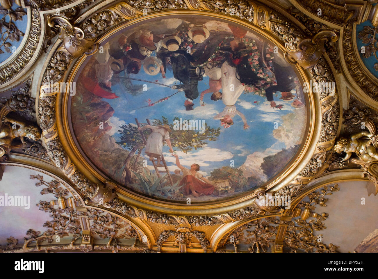 painted ceiling of french restaurant le train bleu in paris Stock Photo