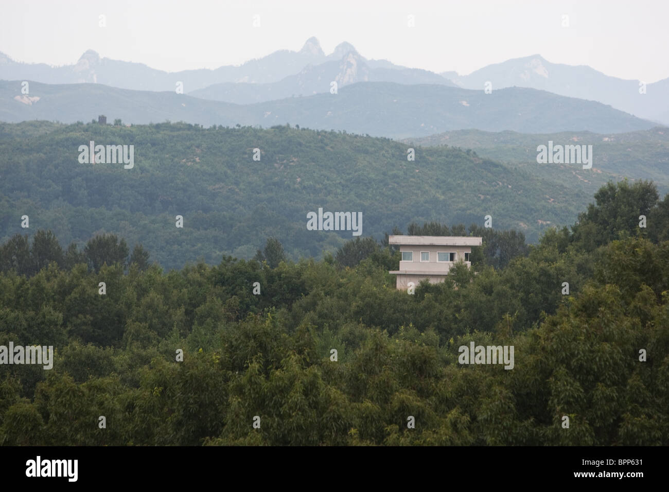 North Korean watchtower in the Demilitarized zone (DMZ) between South and North Korea. Stock Photo