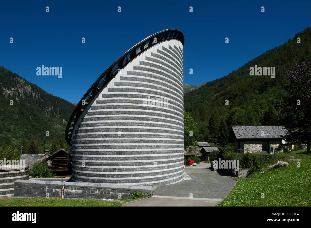San Giovanni Battista, church desigend by star architect mario Botta in Mogno, Ticino, Switzerland Stock Photo