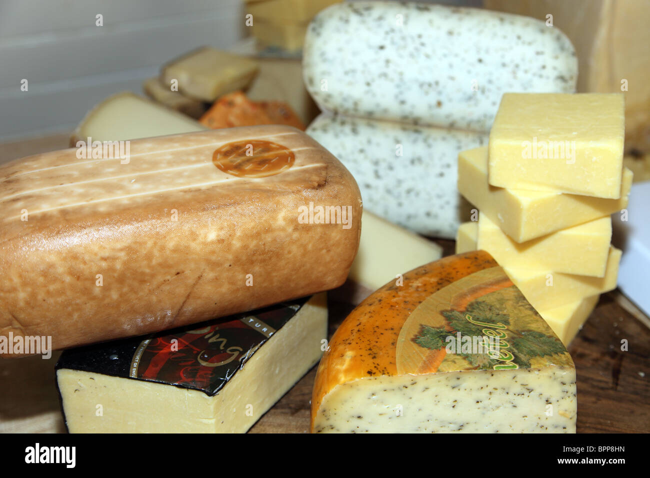 Irish farmhouse cheeses, Mari's Cheese Shop, Limerick Milk Market Stock Photo