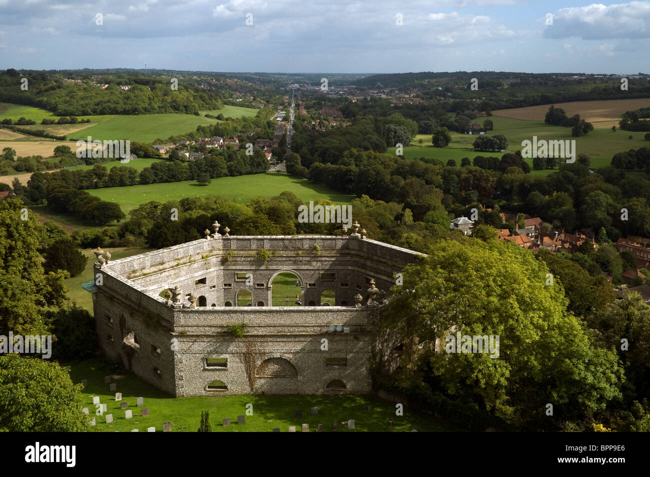 Aerial view of the Dashwood family mausoleum from St Lawrence church