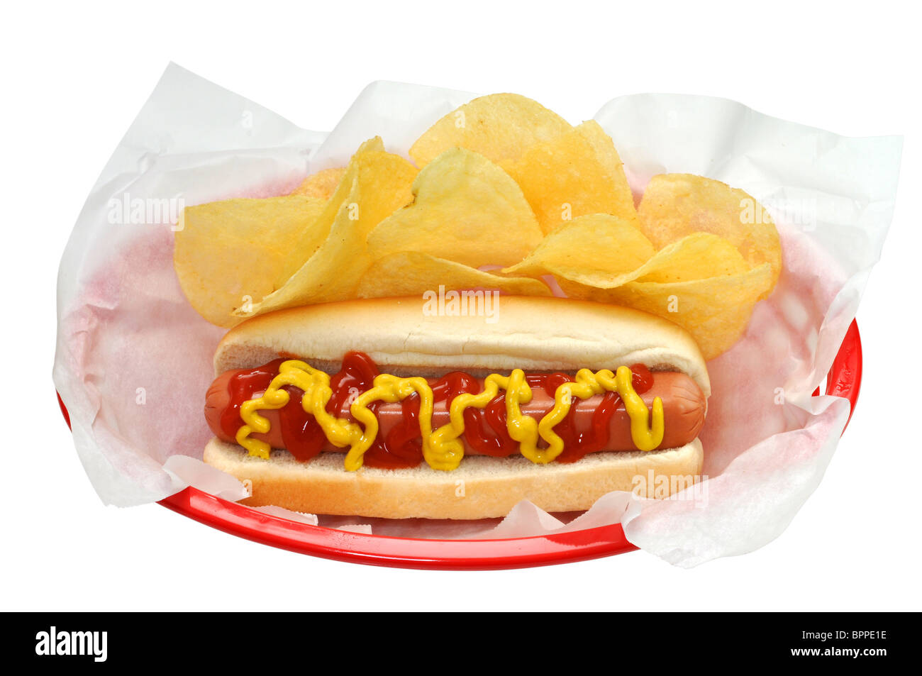 Hot dog and potato chips in basket. Isolated on white background with