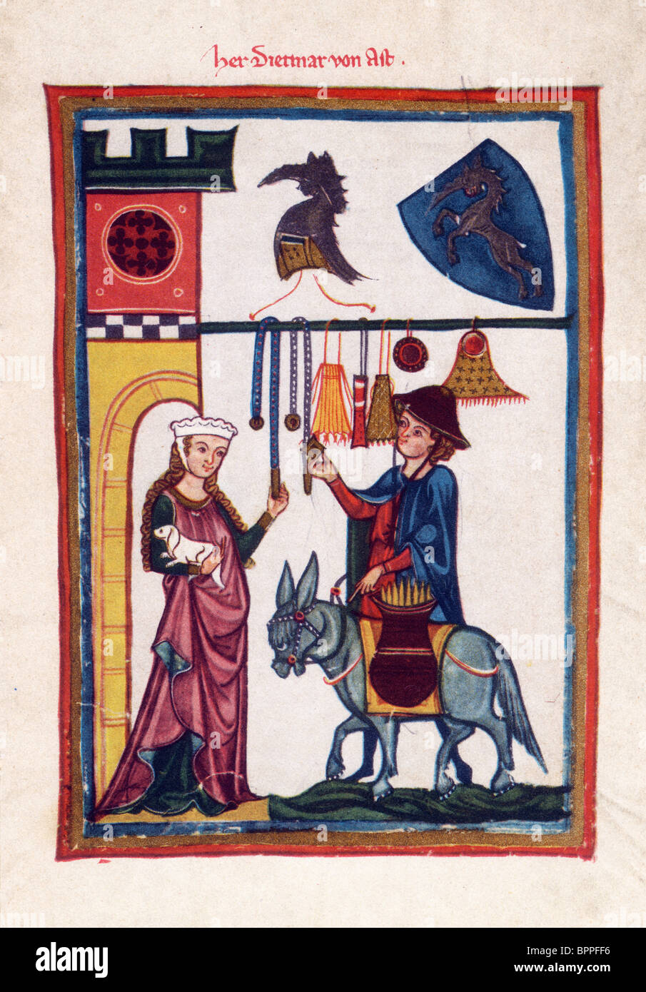 Codex Manesse; The Austrian poet Dietmar von Aist, showing mechandise to the lady disguised as a merchant; 14th Century Stock Photo