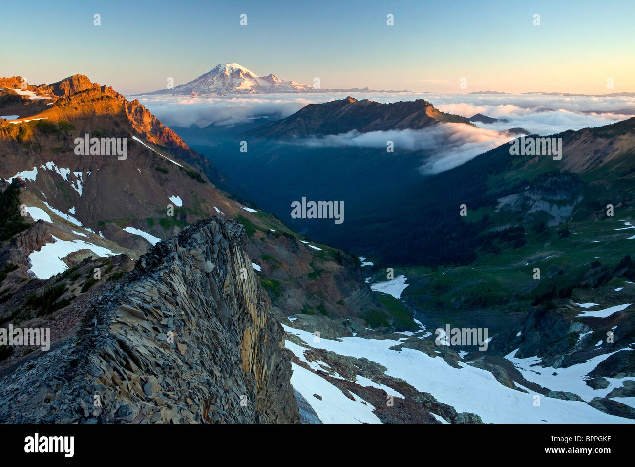 View of Mt. Rainier from the Goat Rocks Wilderness, Washington, USA Stock Photo