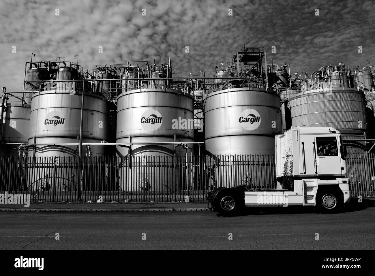 Storage vessels for Cargill, food processors chemical vessels on Liverpool Docks Stock Photo