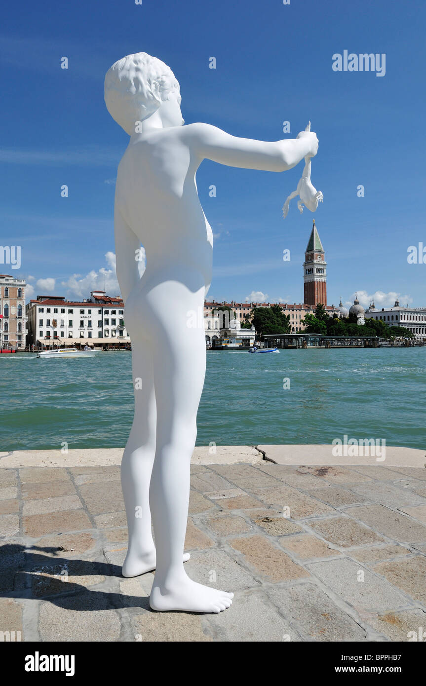 Venice. Italy. Boy with a Frog by the artist Charles Ray on the Punta della Dogana. Stock Photo