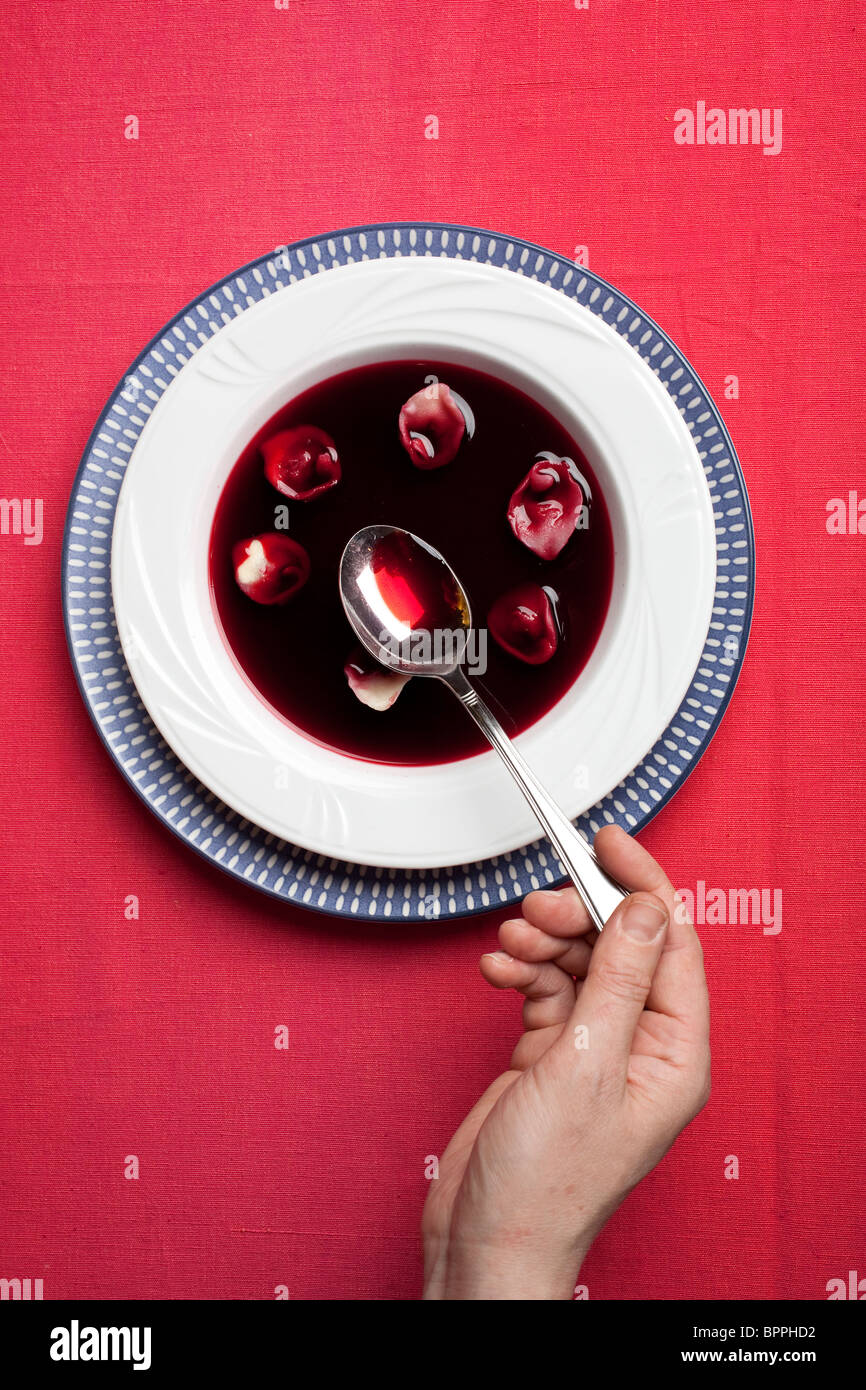 Ready to serve a bowl of borscht, made with beetroot and uszka. Photo:Jeff Gilbert Stock Photo