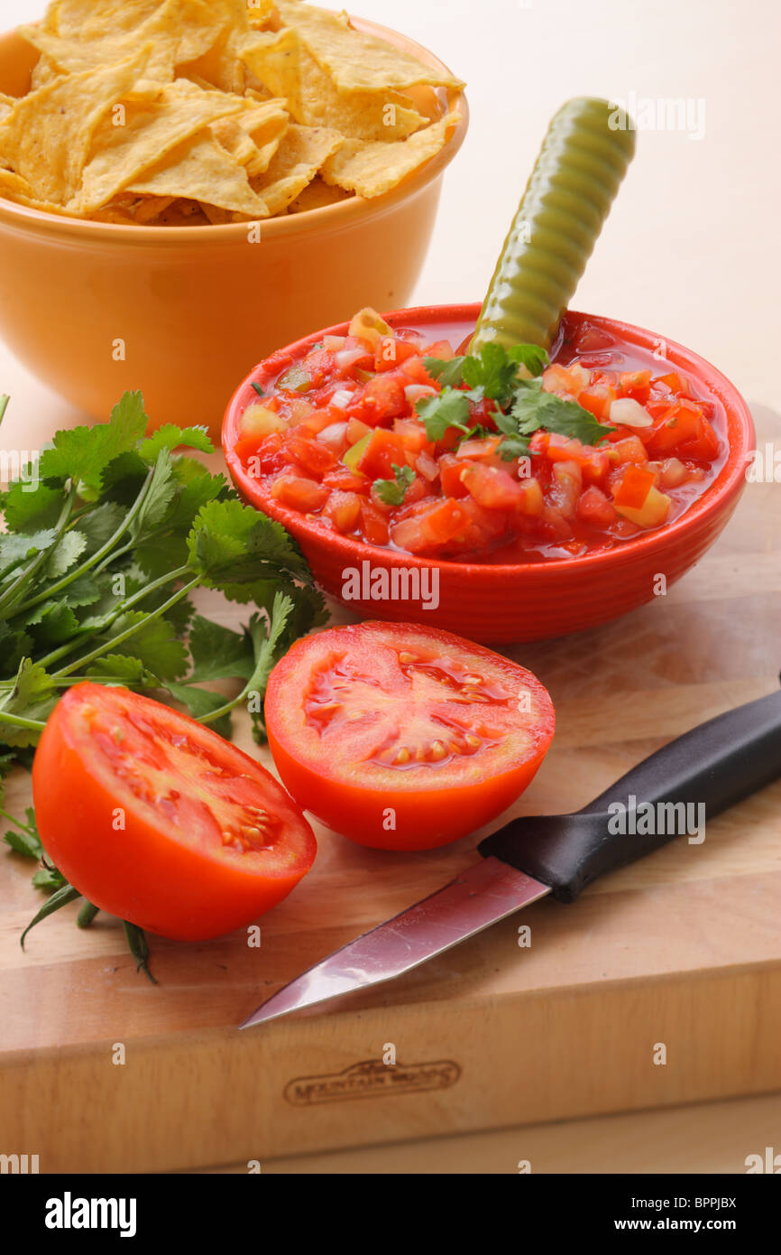 Salsa and ingredients Stock Photo