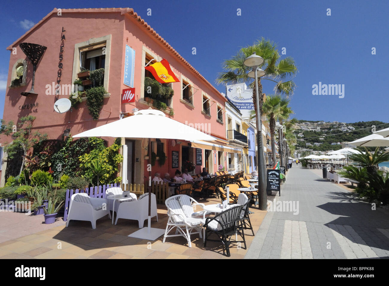 La Esquina Cafe on Marina Espanola, The Port, Javea, Spain Stock Photo