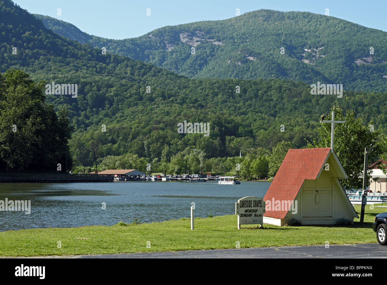 Lake Lure, North Carolina, USA showing Lakeside Chapel Stock Photo